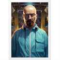 ```Quadro com estampa frontal de personagem careca com óculos, expressão séria, em ambiente industrial com equipamentos e detalhes circulares ao fundo.```