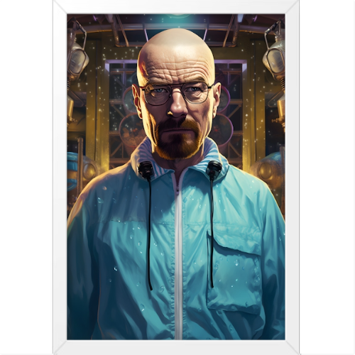 ```Quadro com estampa frontal de personagem careca com óculos, expressão séria, em ambiente industrial com equipamentos e detalhes circulares ao fundo.```