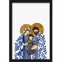 Quadro com estampa frontal de figuras humanas estilizadas, cercadas por flores e folhas, com auréolas douradas e traços geométricos marcantes.