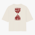 Camiseta com estampa frontal de "HOPE" estilizado em letras justapostas e estampa traseira com frases misturando palavras em formato de ampulheta.