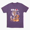 Camiseta com estampa frontal de personagem de cabelo preso e traje volumoso, rodeado por padrões dinâmicos e caracteres estilizados ao lado.