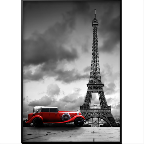 Quadro com estampa frontal de um carro vintage em destaque diante da Torre Eiffel, contrastando com o céu nublado ao fundo.