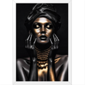 Quadro com estampa frontal de retrato artístico de mulher com corpo e rosto cobertos de tinta metálica dourada e preta, usando colares e turbante.
