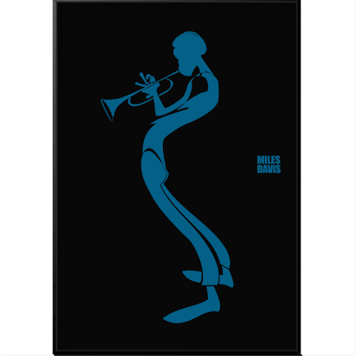 Quadro com estampa frontal de silhueta estilizada de um trompetista em posição curva, acompanhada do nome "MILES DAVIS" em letras maiúsculas.