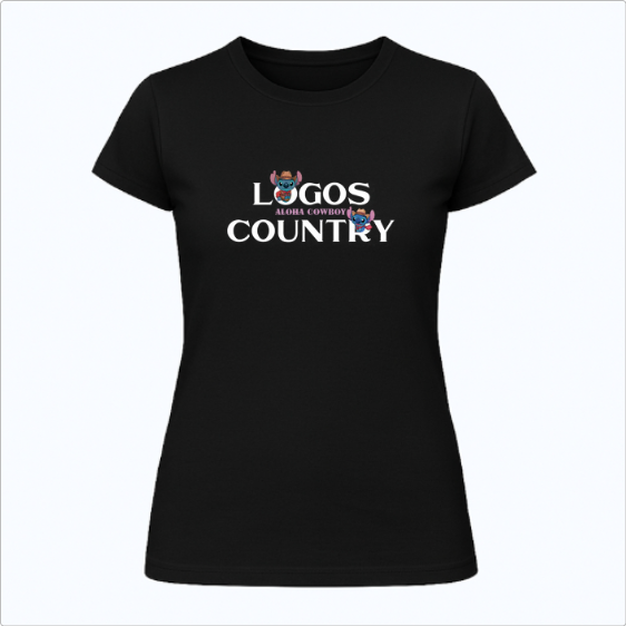 Camiseta com estampa frontal de letras destacadas "LOGOS COUNTRY" com um pequeno cowboy alegre entre as palavras, segurando o chapéu.