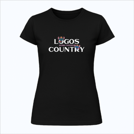 Camiseta com estampa frontal de letras destacadas "LOGOS COUNTRY" com um pequeno cowboy alegre entre as palavras, segurando o chapéu.