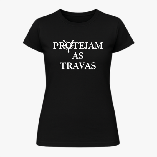 Camiseta com estampa frontal de texto estilizado "PROTEJAM AS TRAVAS", acompanhada de um símbolo gráfico centralizado entre as palavras.