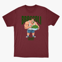 Camiseta com estampa frontal de um fisiculturista segurando uma tigela cheia de brócolis, com a palavra "Broccoli" em destaque acima dele.