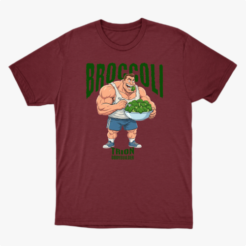 Camiseta com estampa frontal de um fisiculturista segurando uma tigela cheia de brócolis, com a palavra "Broccoli" em destaque acima dele.