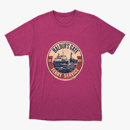 Camiseta com estampa frontal de um emblema circular apresentando um ferry estilizado, com inscrições que indicam "Baldur's Gate Ferry Service" e datas.