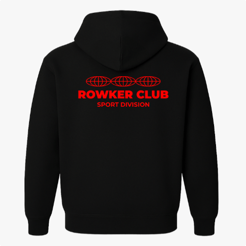 Moletom com estampa frontal de texto "ROWKER CLUB SPORT DIVISION" e estampa traseira de texto idêntico abaixo de três esferas estilizadas.