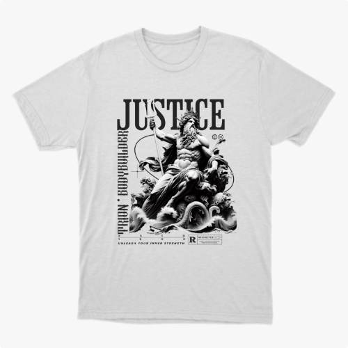 Camiseta com estampa frontal de deidade mitológica segurando um tridente sobre ondas, acompanhada das palavras "Justice", "Train Bodybuilder" e outros textos decorativos.