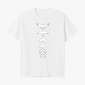 Camiseta com estampa frontal de silhuetas de pássaros em posição de voo decrescente e setas estilizadas apontando para baixo em sequência.