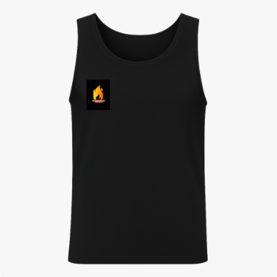 Camiseta regata com estampa frontal de uma pequena chama estilizada e estampa traseira de uma grande chama com texto na base, criando destaque visual.
