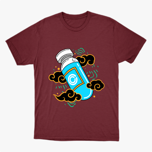 Camiseta com estampa frontal de frasco estilizado com logotipo centralizado, envolto por padrões de nuvens arrojadas e elementos geométricos vibrantes.
