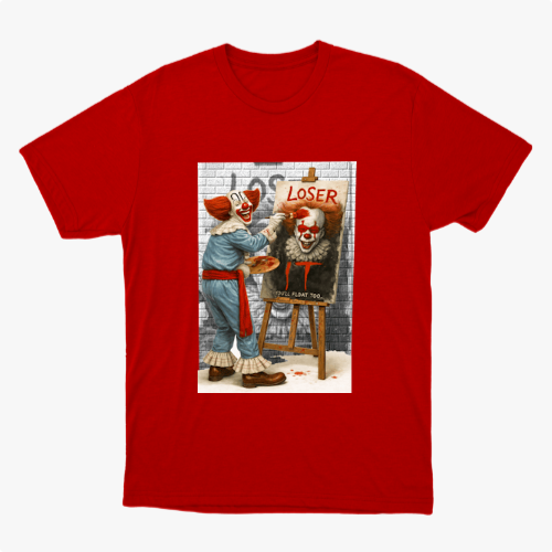 Camiseta com estampa frontal de palhaço pintando retrato de outro palhaço em mural, com palavra "LOSER" escrita acima e detalhe de parede de tijolos.