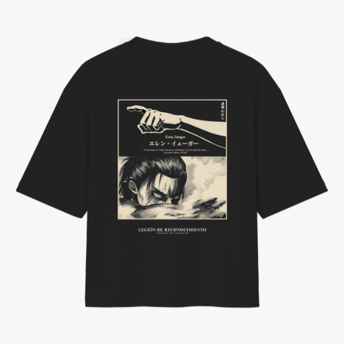 Camiseta com estampa frontal de texto em japonês e estampa traseira com ilustração de braço apontando e rosto emergindo, acompanhados de textos.