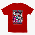 Camiseta com estampa frontal de personagem estilo mangá, com destaque para o olhar intenso acima de várias poses e figuras em ação, acompanhada por texto estilizado.