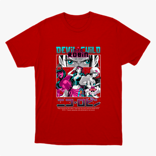 Camiseta com estampa frontal de personagem estilo mangá, com destaque para o olhar intenso acima de várias poses e figuras em ação, acompanhada por texto estilizado.