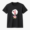 Camiseta com estampa frontal de personagem segurando pesos em pensamento de elefante musculoso com halteres, transmitindo ideia de força e treino.