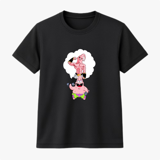 Camiseta com estampa frontal de personagem segurando pesos em pensamento de elefante musculoso com halteres, transmitindo ideia de força e treino.