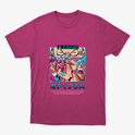 Camiseta com estampa frontal de ilustração em estilo anime, apresentando personagem com pose dinâmica, letras coloridas acima e inscrições japonesas abaixo.