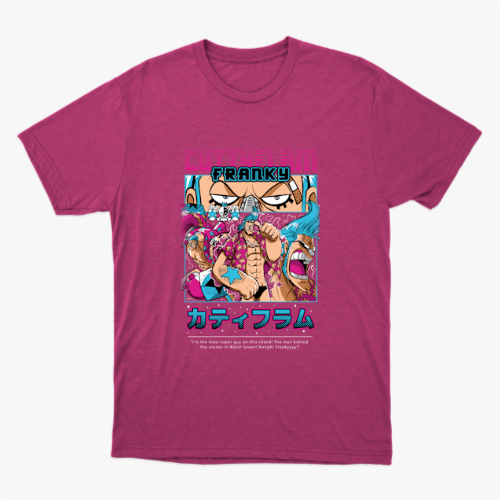 Camiseta com estampa frontal de ilustração em estilo anime, apresentando personagem com pose dinâmica, letras coloridas acima e inscrições japonesas abaixo.