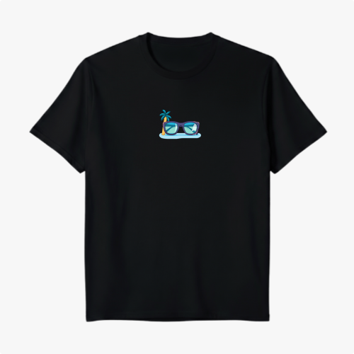 Camiseta com estampa frontal de óculos de sol refletindo uma paisagem tropical, acompanhada por um pequeno coqueiro ao lado, criando um visual de verão.