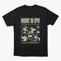 Camiseta com estampa frontal de quadrinhos ilustrados em cenas de luta, com personagens desenhados em estilo mangá, acompanhados por textos estilizados.