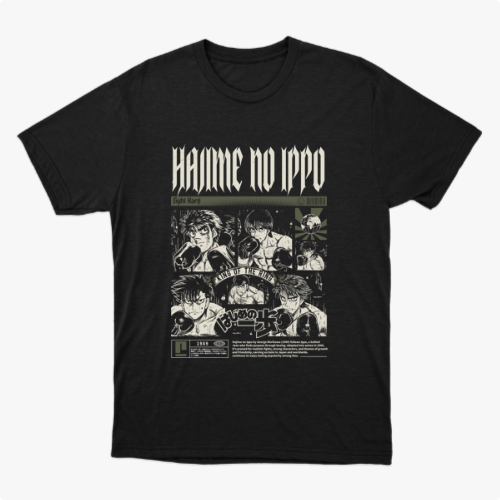 Camiseta com estampa frontal de quadrinhos ilustrados em cenas de luta, com personagens desenhados em estilo mangá, acompanhados por textos estilizados.