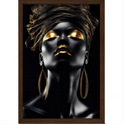 Quadro com estampa frontal de mulher estilizada com maquiagem dourada, usando brincos grandes e um turbante com textura dourada, criando um visual luxuoso.