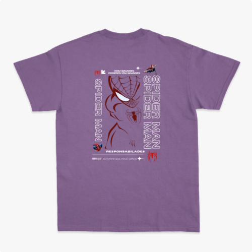 Camiseta com estampa frontal de aranha estilizada de linhas finas e estampa traseira de rosto delineado com texto e referências icônicas.