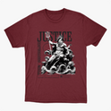 Camiseta com estampa frontal de deidade mitológica segurando um tridente sobre ondas, acompanhada das palavras "Justice", "Train Bodybuilder" e outros textos decorativos.