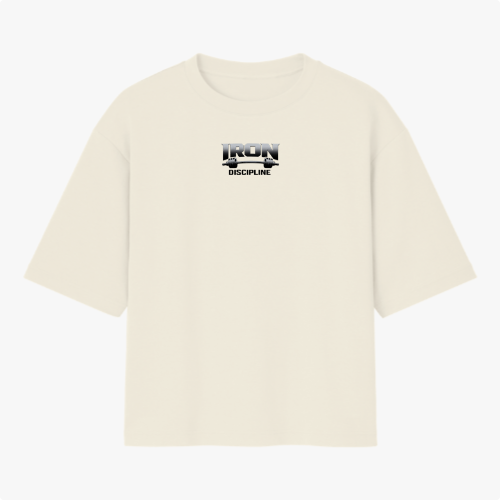 Camiseta com estampa frontal de "IRON DISCIPLINE" com design gráfico e estampa traseira de "CONSTÂNCIA IRON DISCIPLINE" em fonte destacada e marcante.