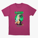 Camiseta com estampa frontal de personagem anime segurando um frasco, envolto em elementos científicos e letras "Dr. Stone" acima e "E=MC²" abaixo.