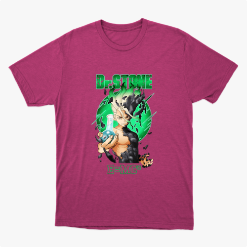 Camiseta com estampa frontal de personagem anime segurando um frasco, envolto em elementos científicos e letras "Dr. Stone" acima e "E=MC²" abaixo.