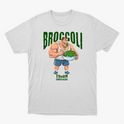 Camiseta com estampa frontal de um fisiculturista segurando uma tigela cheia de brócolis, com a palavra "Broccoli" em destaque acima dele.