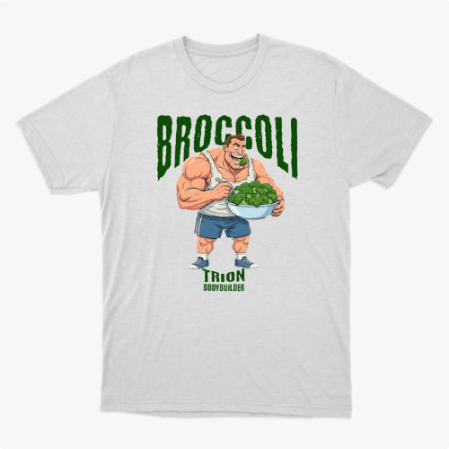 Camiseta com estampa frontal de um fisiculturista segurando uma tigela cheia de brócolis, com a palavra "Broccoli" em destaque acima dele.