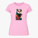 Camiseta com estampa frontal de panda estilizado usando óculos escuros, lenço e traje moderno, inserido em um design geométrico abstrato.