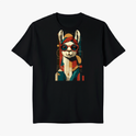 Camiseta com estampa frontal de uma lhama estilizada usando óculos escuros, com elementos geométricos e um visual artístico moderno.