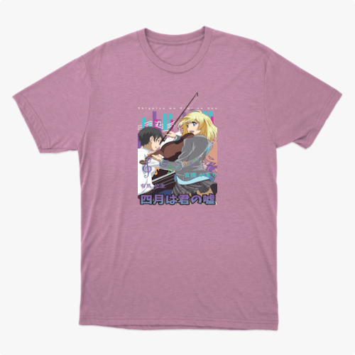 Camiseta com estampa frontal de dois personagens estilo anime, um rapaz e uma moça, acompanhados de instrumentos musicais e elementos urbanos ao fundo.