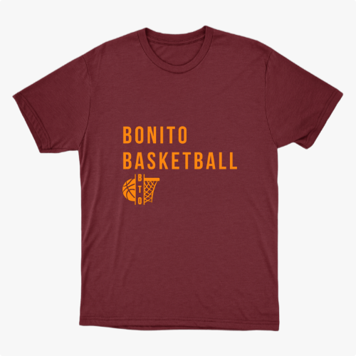 Camiseta com estampa frontal de texto "Bonito Basketball" acima de um desenho estilizado de uma bola de basquete com cesta ao lado.