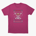 Camiseta com estampa frontal de caveira estilizada com chapéu, ossos cruzados, flocos de neve, pequenos crânios e a frase "Feliz Natal" acima.