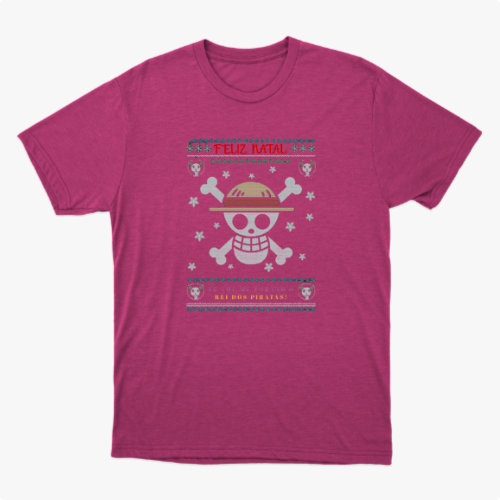 Camiseta com estampa frontal de caveira estilizada com chapéu, ossos cruzados, flocos de neve, pequenos crânios e a frase "Feliz Natal" acima.
