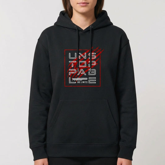 Moletom com estampa frontal de texto geométrico "UNSTOPPABLE" em estilo block, com detalhes riscados e fundo quadriculado, finalizando com "NO LIMITS".