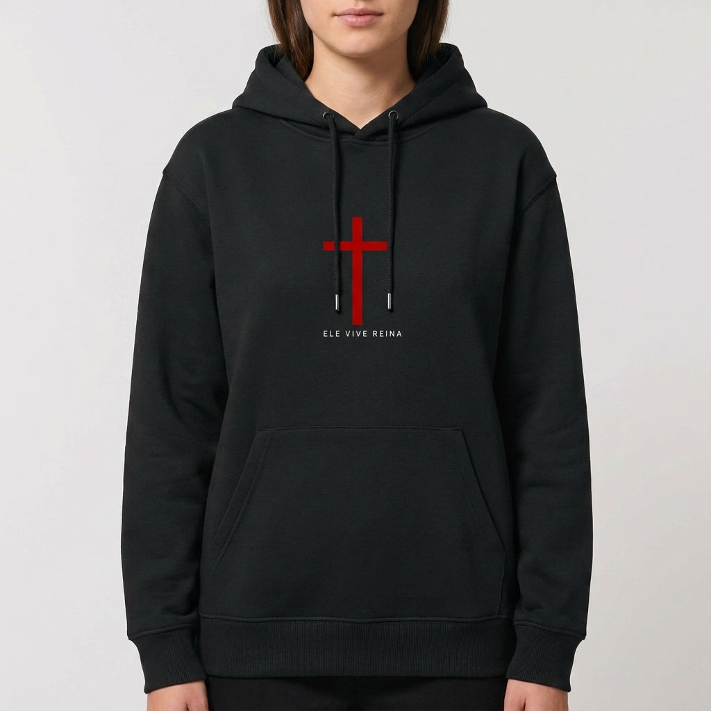 Moletom com estampa frontal de cruz simples e frase abaixo e estampa traseira de cruz com a palavra "Gratidão" sobreposta e frase complementar.