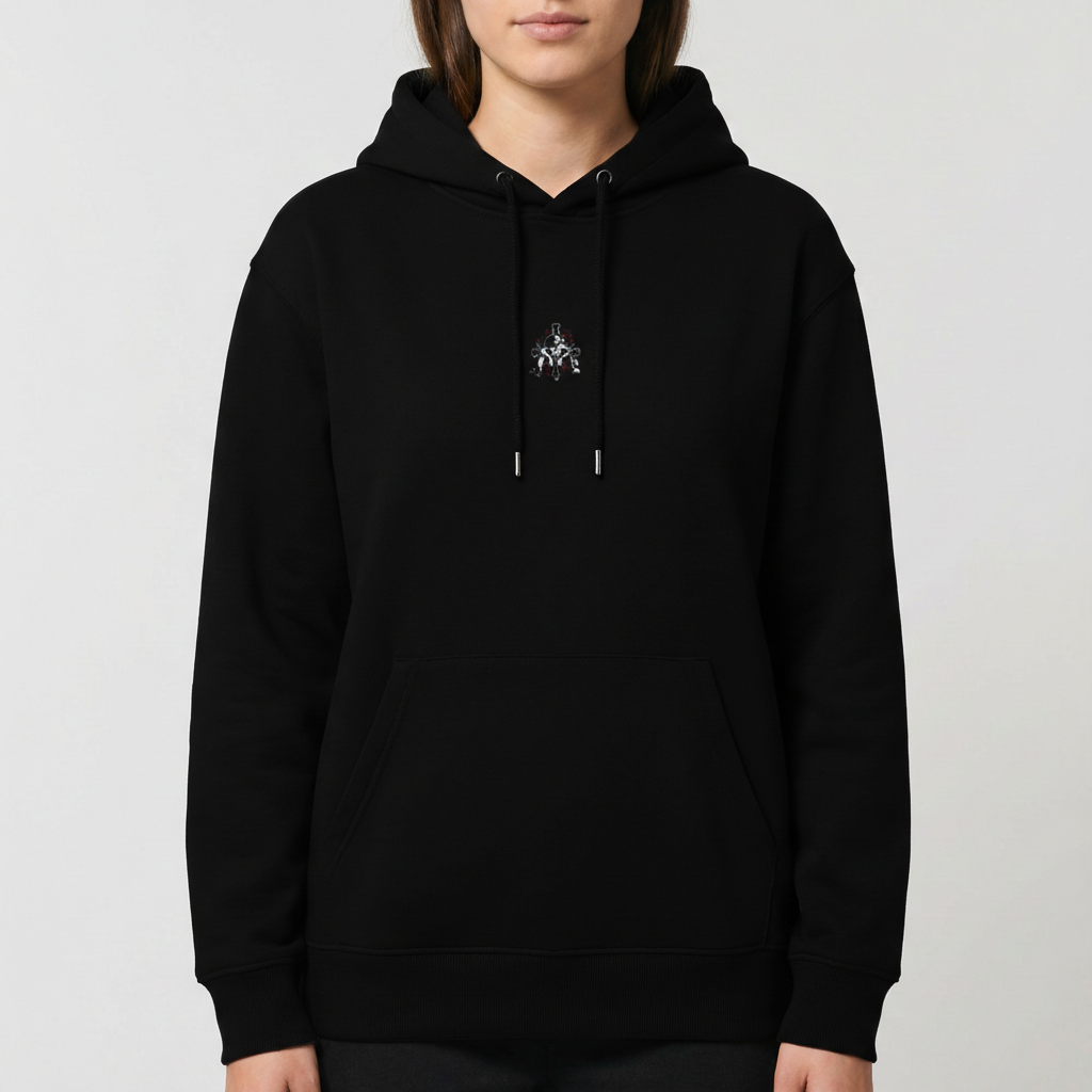 Moletom com estampa frontal de caveira estilizada com elementos florais e estampa traseira de grande caveira cruzada por ossos com detalhes geométricos e texo.