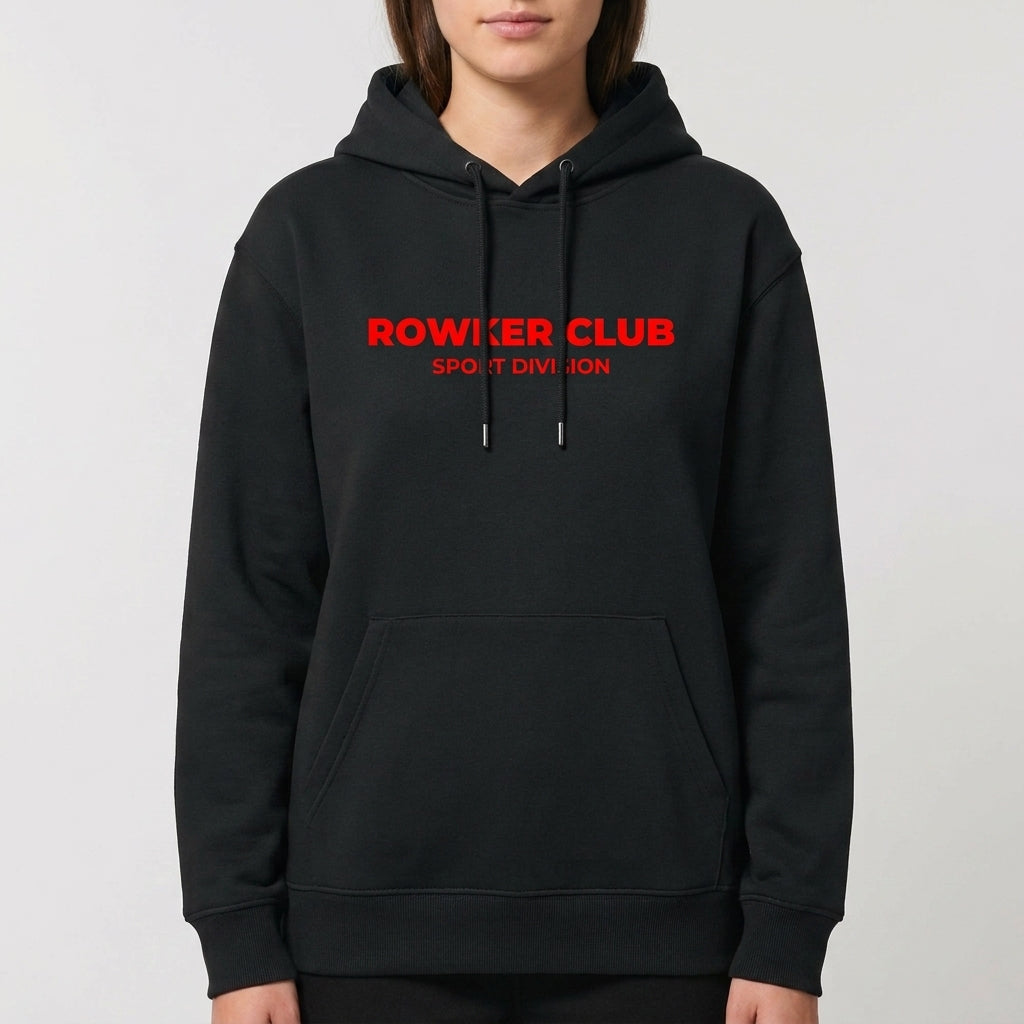 Moletom com estampa frontal de texto "ROWKER CLUB SPORT DIVISION" e estampa traseira de texto idêntico abaixo de três esferas estilizadas.