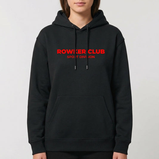 Moletom com estampa frontal de texto "ROWKER CLUB SPORT DIVISION" e estampa traseira de texto idêntico abaixo de três esferas estilizadas.
