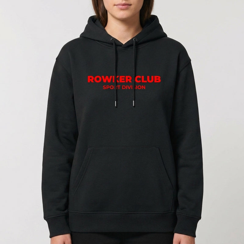 Moletom com estampa frontal de texto "ROWKER CLUB SPORT DIVISION" e estampa traseira de texto idêntico abaixo de três esferas estilizadas.